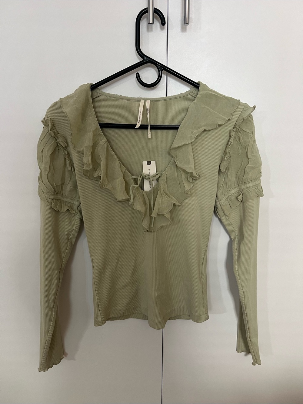 NWT Anthropologie Ruffle Tie-Neck Long Sleeve Top in sage